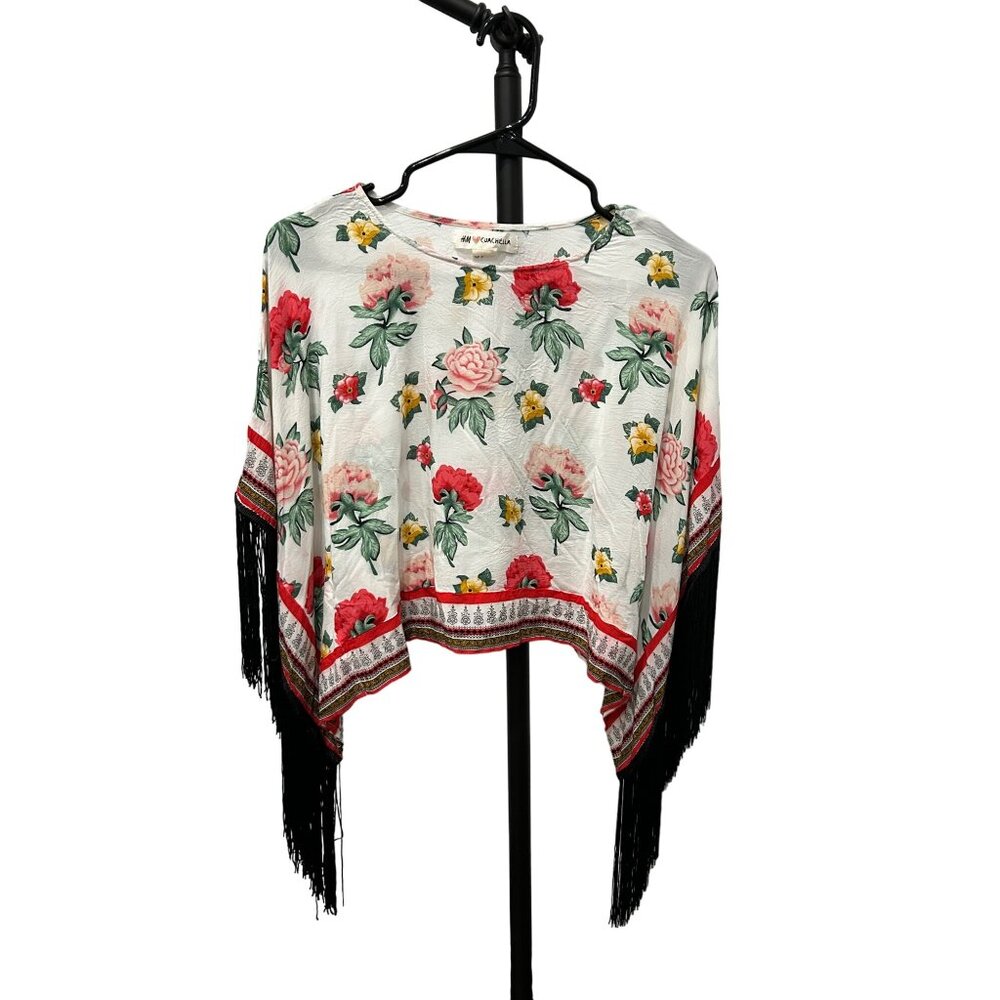 H&M Coachella Floral Fringed Poncho With Red Yellow Flowers